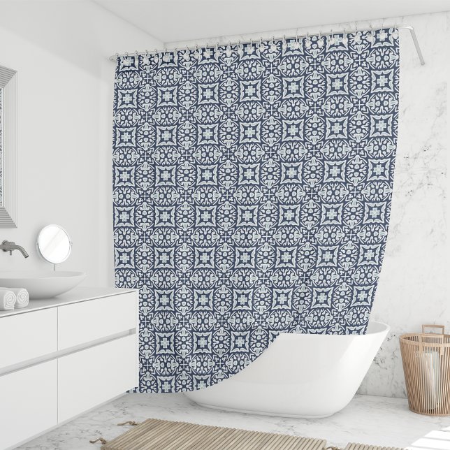 Navy and White Spanish Tile Pattern Shower Curtain (Creator Uploaded)