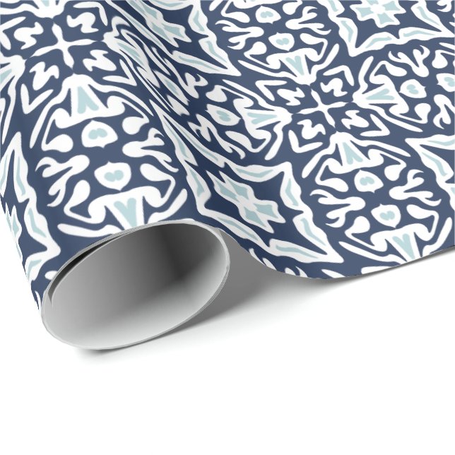 Navy and White Spanish Tile Pattern Wrapping Paper (Roll Corner)