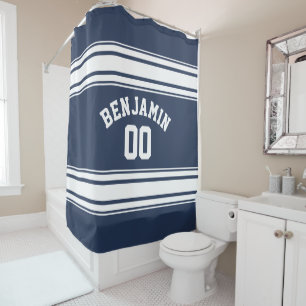 Navy and White Sports Jersey Custom Name Number Shower Curtain