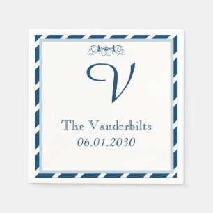 Navy and White Stripe Monogram Wedding Napkin