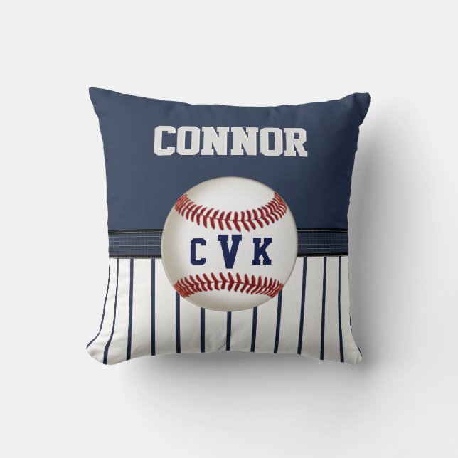 Navy and White Striped Baseball Pillow 6 Text Box (Front)