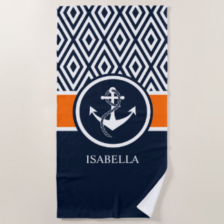 NAVY AND WHITE STRIPED MONOGRAM NAUTICAL ANCHOR BEACH TOWEL