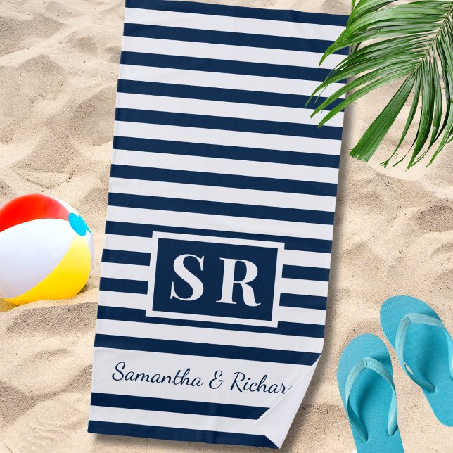Navy And White Striped Monogram Wedding Couple   Beach Towel (Creator Uploaded)