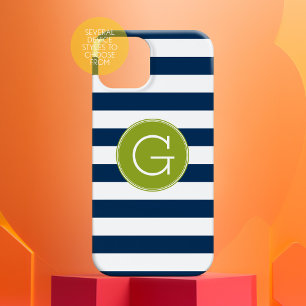 Navy and White Striped Pattern Green Monogram