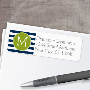 Navy and White Striped Pattern Green Monogram