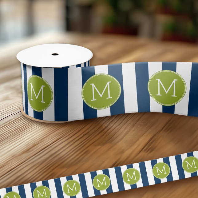 Navy and White Striped Pattern Green Monogram Satin Ribbon (Custom Ribbon - Add Your Own Text)