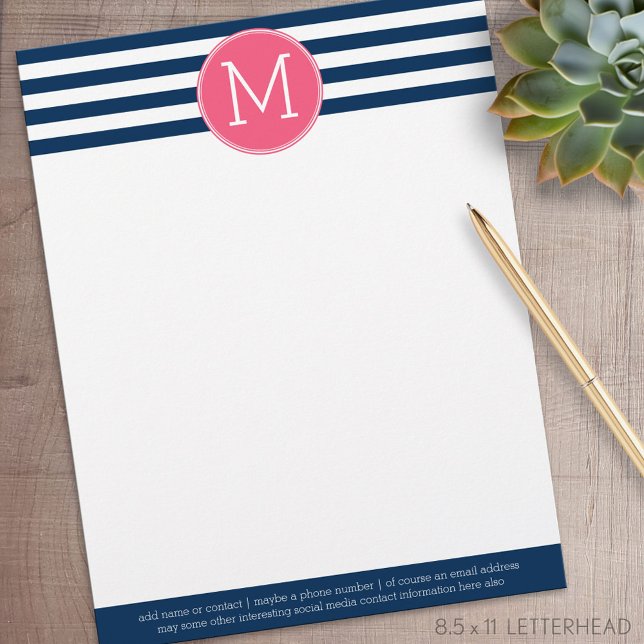 Navy and White Striped Pattern Hot Pink Monogram Letterhead Design (Personalized Letterhead )