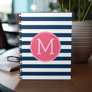 Navy and White Striped Pattern Hot Pink Monogram Spiral Notebook