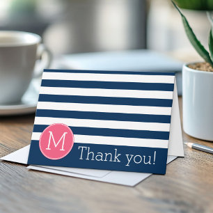 Navy and White Striped Pattern Hot Pink Monogram Thank You Card