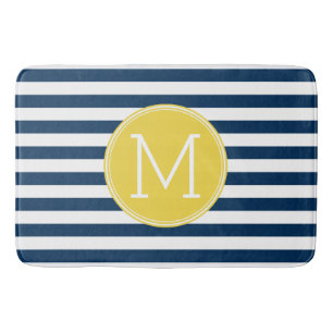 Navy and White Striped Pattern Yellow Monogram Bath Mat
