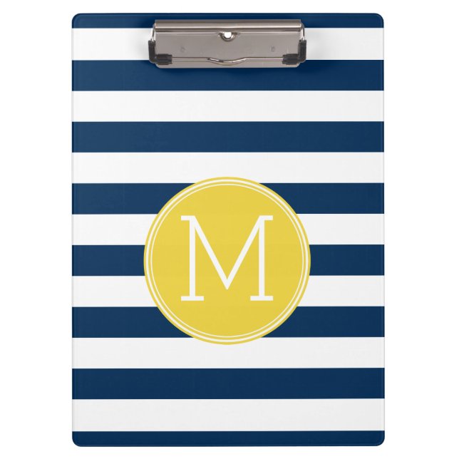 Navy and White Striped Pattern Yellow Monogram Clipboard (Front)