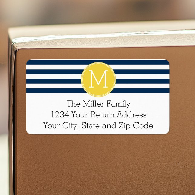 Navy and White Striped Pattern Yellow Monogram Label (Custom Shipping Label with Return Address)