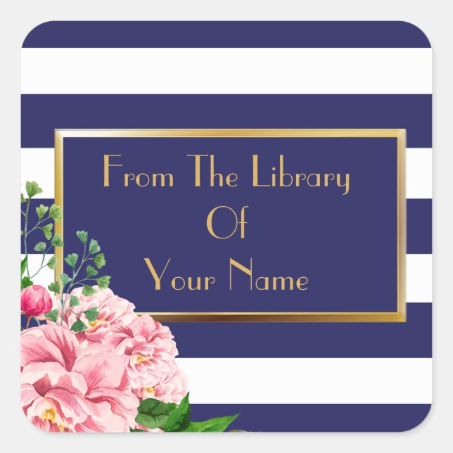 Navy And White Stripes Pink Roses Bookplate Square Sticker (Front)