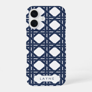 Navy and White Summer Basketweave Pattern iPhone 16 Case