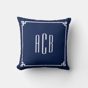 Navy and White Three Letter Monogram Greek Key Cushion
