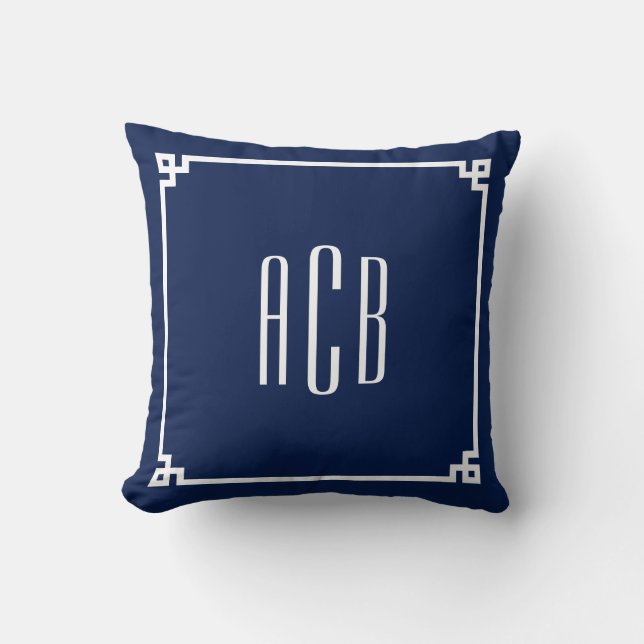 Navy and White Three Letter Monogram Greek Key Cushion (Front)