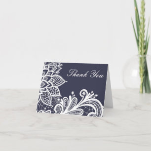 Navy and White Vintage Lace Thank You Card