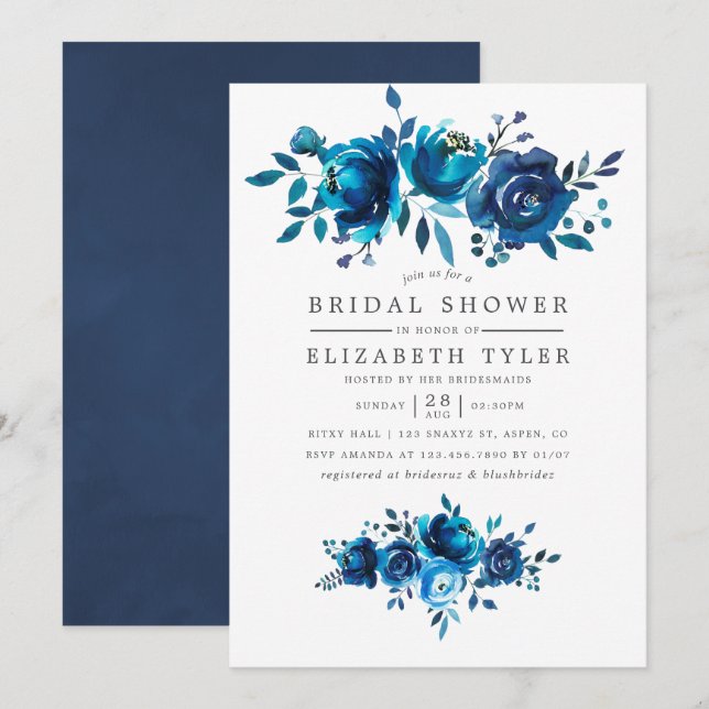 Navy and White Watercolor Floral Bridal Shower Invitation (Front/Back)