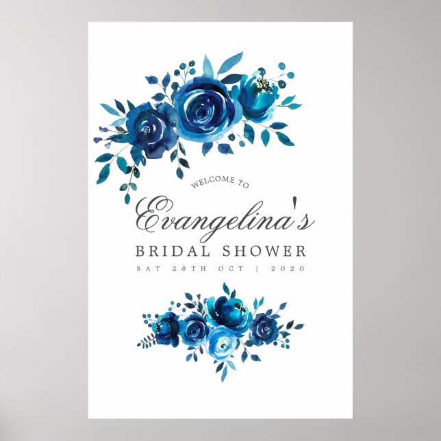 Navy and White Watercolor Floral Bridal Shower Poster (Front)