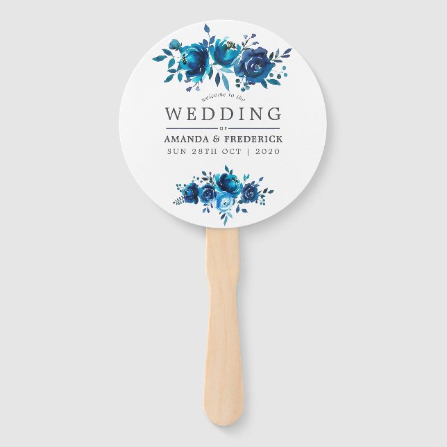 Navy and White Watercolor Floral Favour Hand Fan (Front)