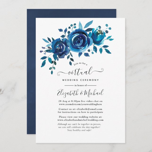 Navy and White Watercolor Floral Virtual Wedding Invitation (Front/Back)