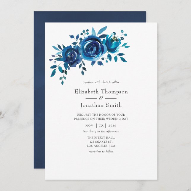 Navy and White Watercolor Floral Wedding Invitation (Front/Back)