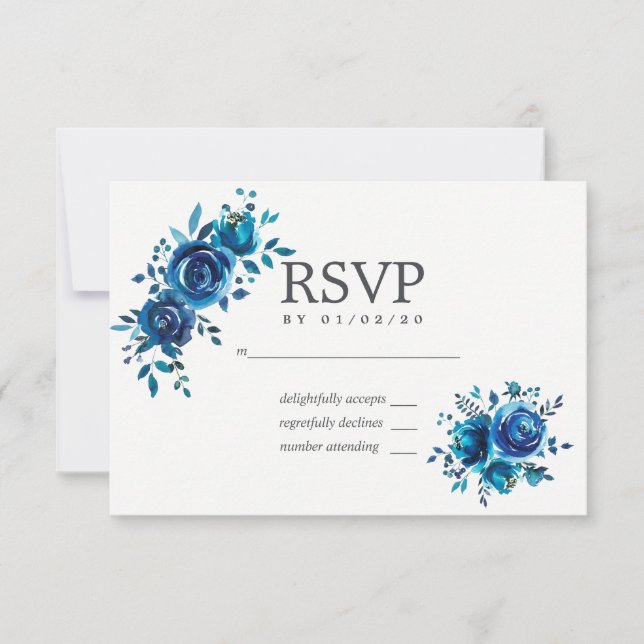 Navy and White Watercolor Floral Wedding RSVP Card (Front)