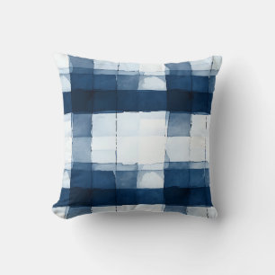 Navy and White Watercolor Plaid Throw Pillow
