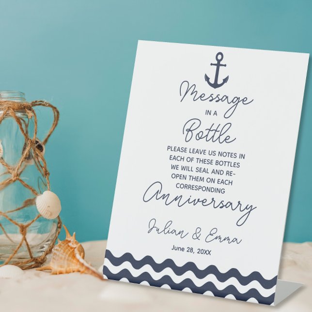 navy and white wedding message in a bottle print pedestal sign (Creator Uploaded)