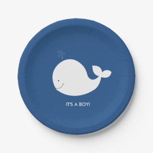 Navy and White Whale Baby Shower Paper Plate