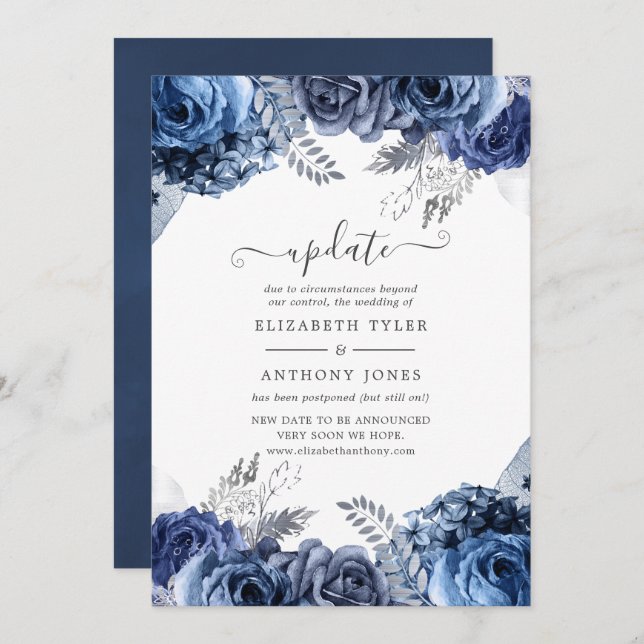 Navy and White with Silver Floral Wedding Update Invitation (Front/Back)
