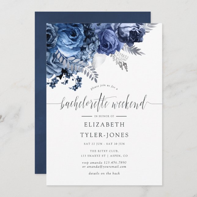 Navy and White with Silver Foil Bachelorette Party Invitation (Front/Back)