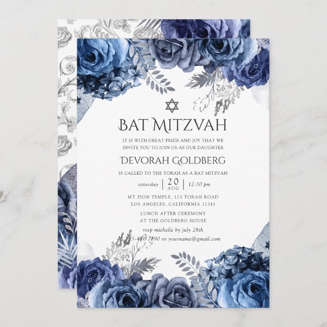 Navy and White with Silver Foil Floral Bat Mitzvah Invitation (Front/Back)