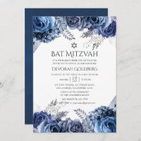 Navy and White with Silver Foil Floral Bat Mitzvah