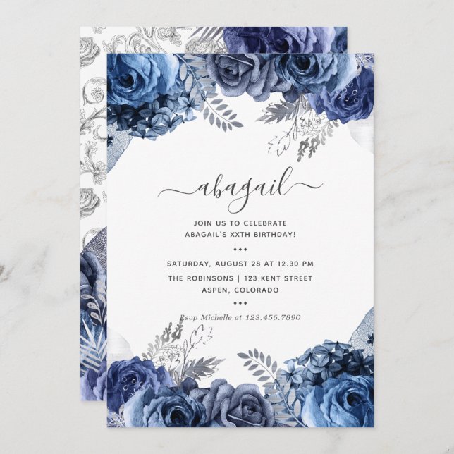 Navy and White with Silver Foil Floral Birthday Invitation (Front/Back)