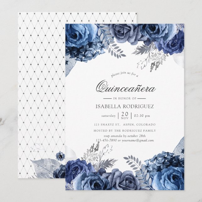 Navy and White with Silver Foil Floral Quinceañera Invitation (Front/Back)