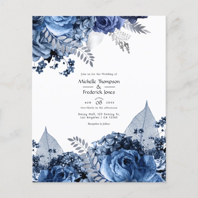 Navy and White with Silver Foil Floral Wedding Flyer (Front)