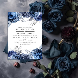 Navy and White with Silver Foil Floral Wedding Invitation