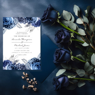 Navy and White with Silver Foil Floral Wedding Invitation