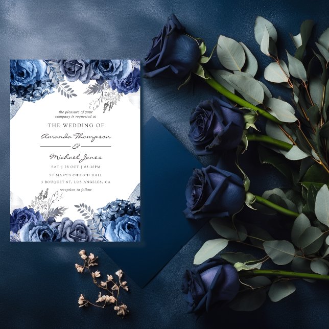 Navy and White with Silver Foil Floral Wedding Invitation (Creator Uploaded)