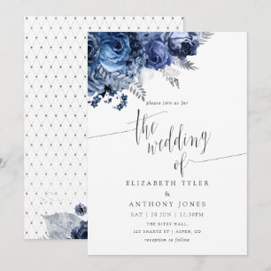Navy and White with Silver Foil Wedding Invitation