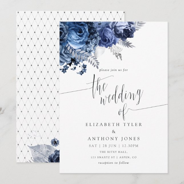 Navy and White with Silver Foil Wedding Invitation (Front/Back)