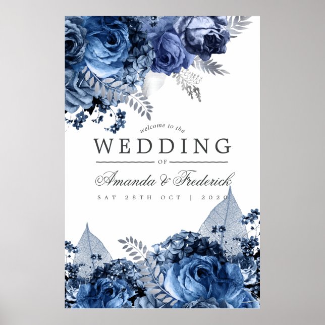 Navy and White with Silver Foil Wedding Welcome Poster (Front)
