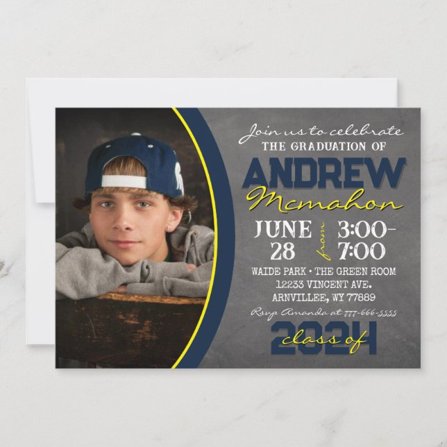 Navy and Yellow Chalkboard Graduation Invitation (Front)