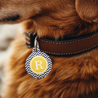 Navy and Yellow Chevron Monogram Pet Tag