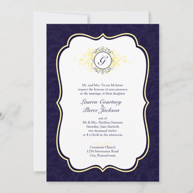 Navy and Yellow Filigree Frame Wedding Invitation (Front)
