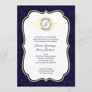Navy and Yellow Filigree Frame Wedding Invitation