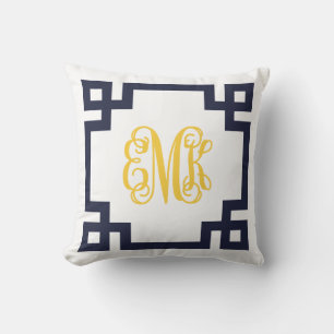 Navy and Yellow Greek Key Script Monogram Cushion