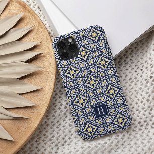 Navy and Yellow Mediterranean Pattern Monogram iPhone 13 Case