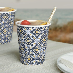 Navy and Yellow Mediterranean Tile Pattern Paper Cups